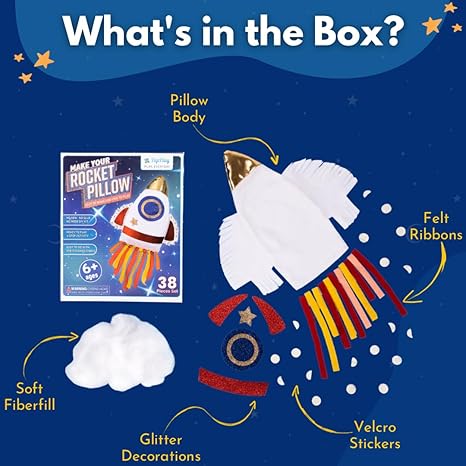 PepPlay Rocket Diy Pillow Kit 38-Piece Space Theme Activity Kit No Mess No Sewing Soft Cushion Toy