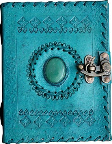 Craftshades – Metal Lock Single Stone Aqua Blue Embossed Design 7″5 Handcrafted Leather Journal/Diary 200 page | 100% Genuine Leather