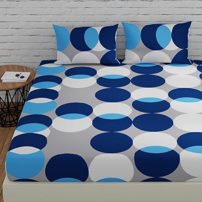 Huesland by Ahmedabad Cotton 144 TC Cotton Bedsheets for King Size Bed with 2 Pillow Covers | Bubble Drop | Blue & Grey