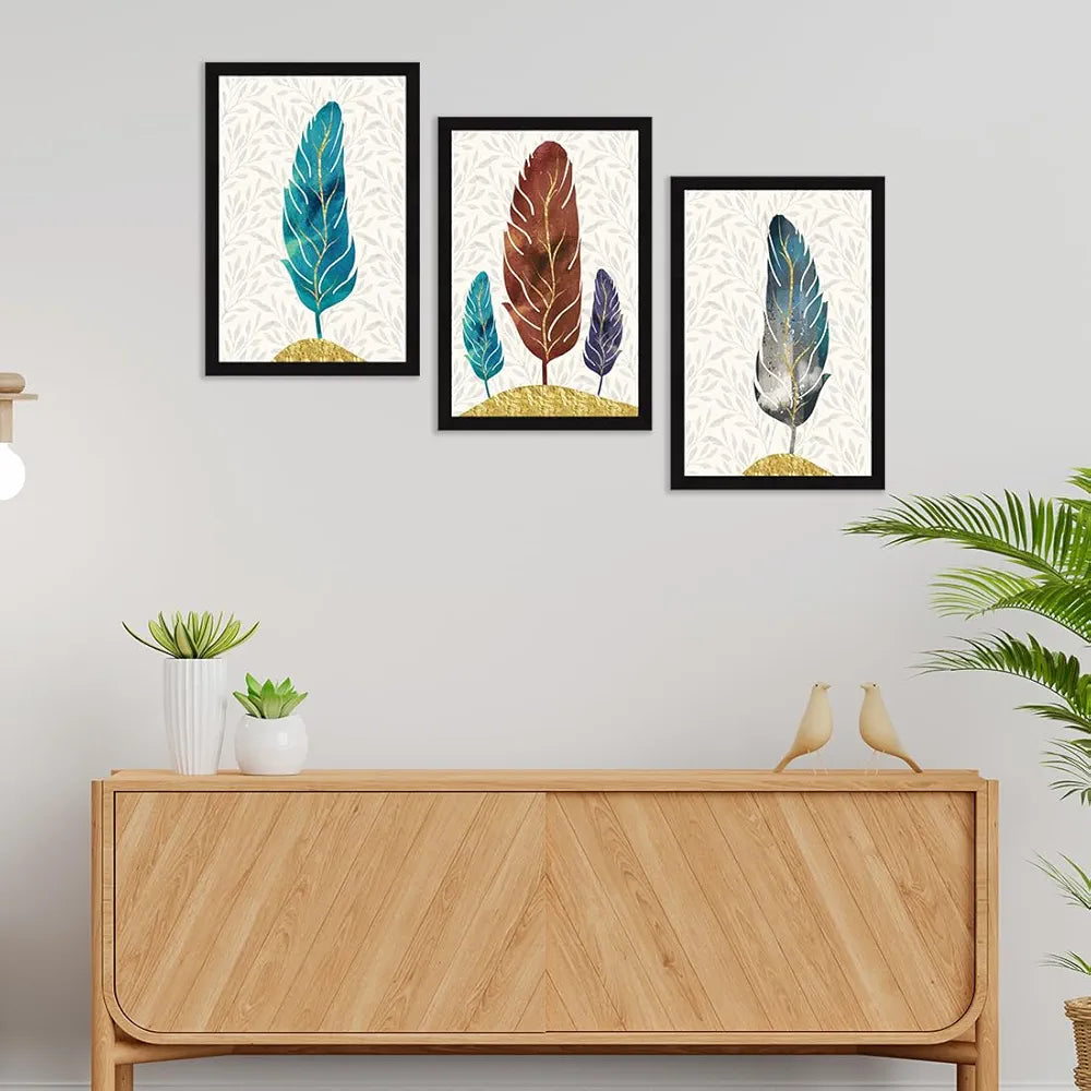 ArtX Paper Abstract Leaf Wall Painting Big Size Framed Painting Multicolor Set Of 3