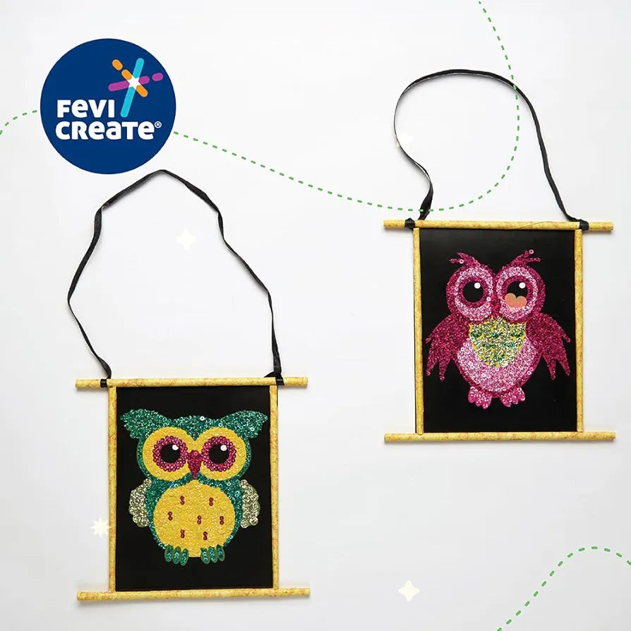 Fevicreate Sequin Art Owl Craft Kit | Sequin Art Fridge Magnets on Owl Templates with Multi-coloured Sequins, Magnets & more | Boost child's creativity | By Fevicol | Return Gift for Kids Age 5+ years