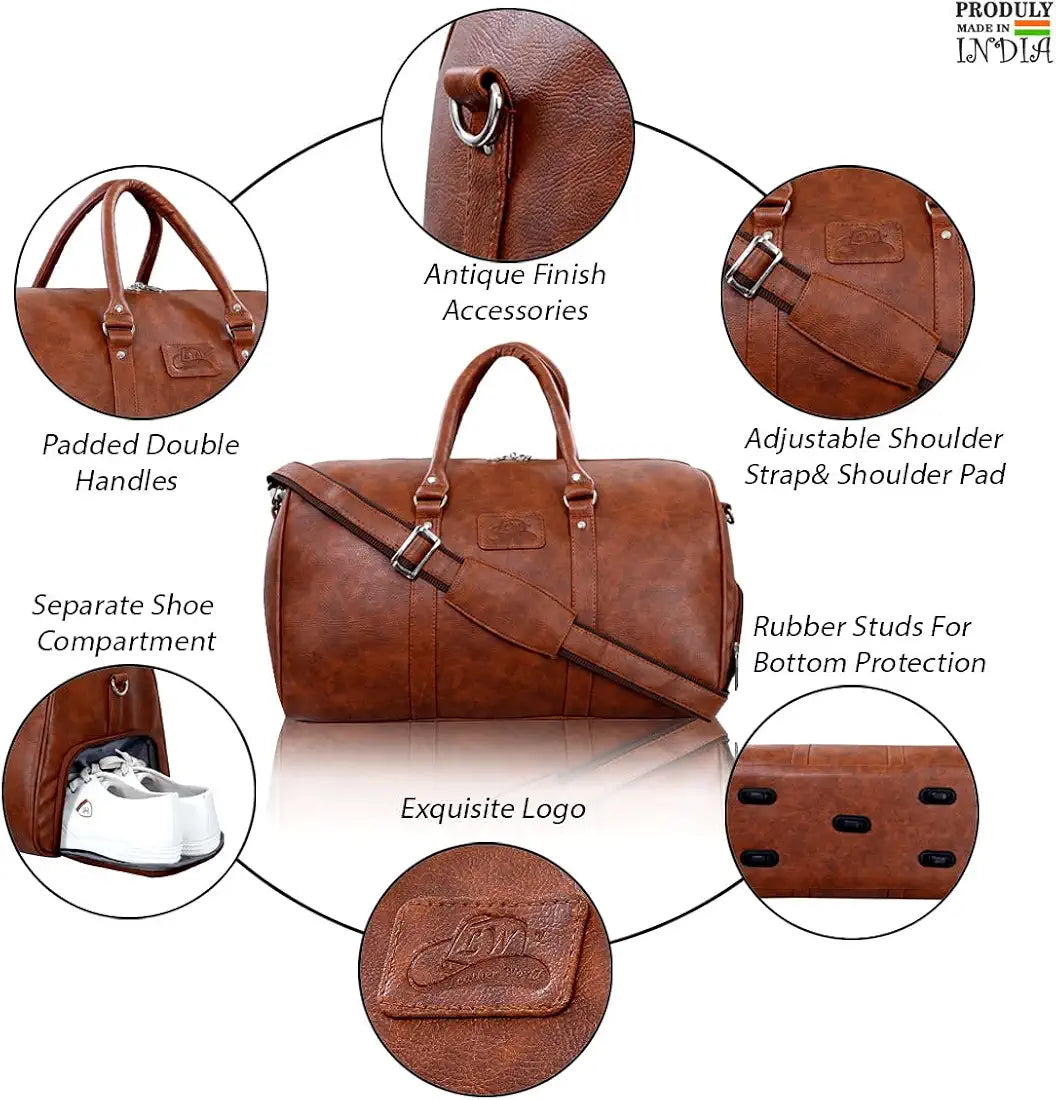 Leather World Duffle Bag for Travel with Shoe Pocket for Men and Women Made of Textured Leatherette with Attachable Shoulder Strap Cabin Bag