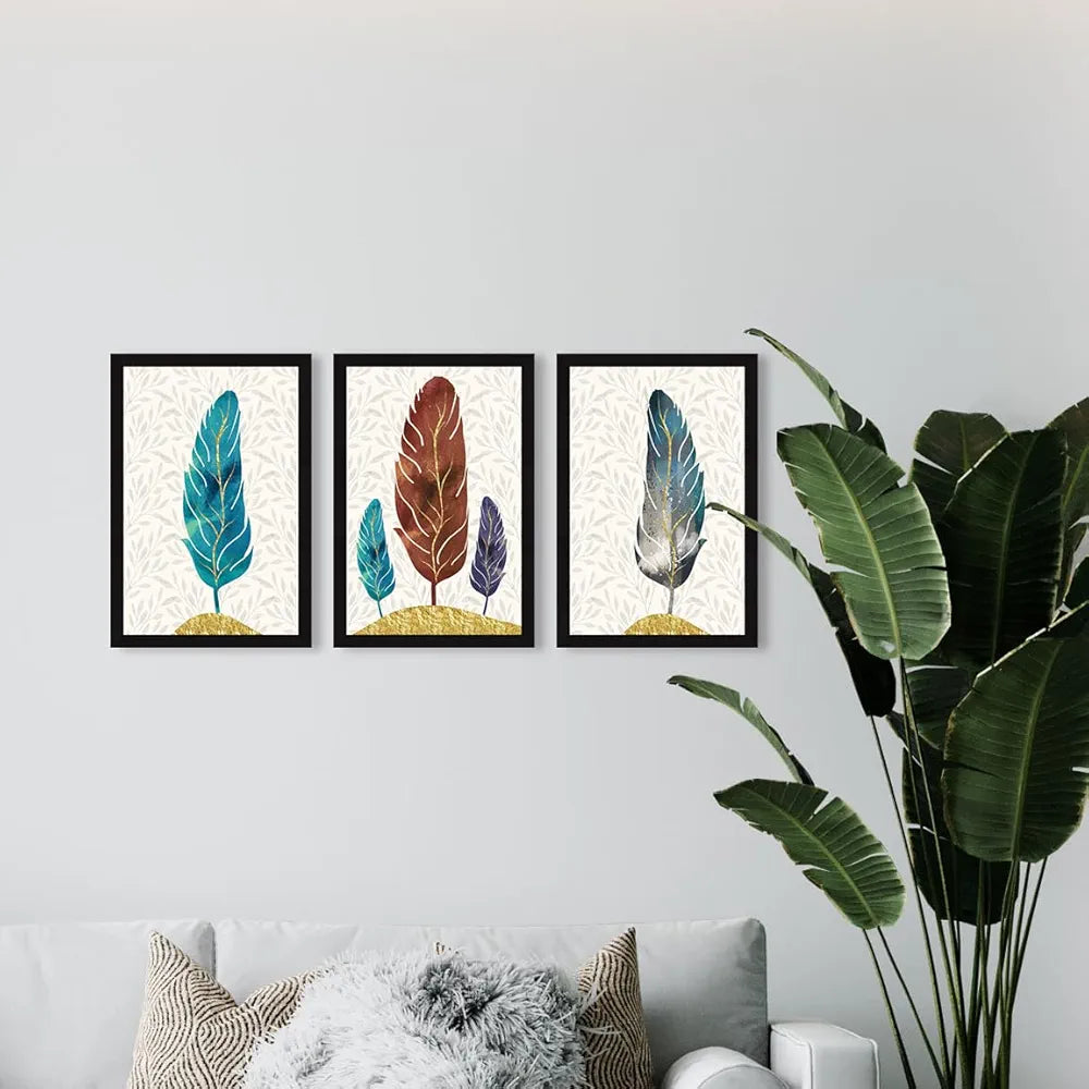 ArtX Paper Abstract Leaf Wall Painting Big Size Framed Painting Multicolor Set Of 3