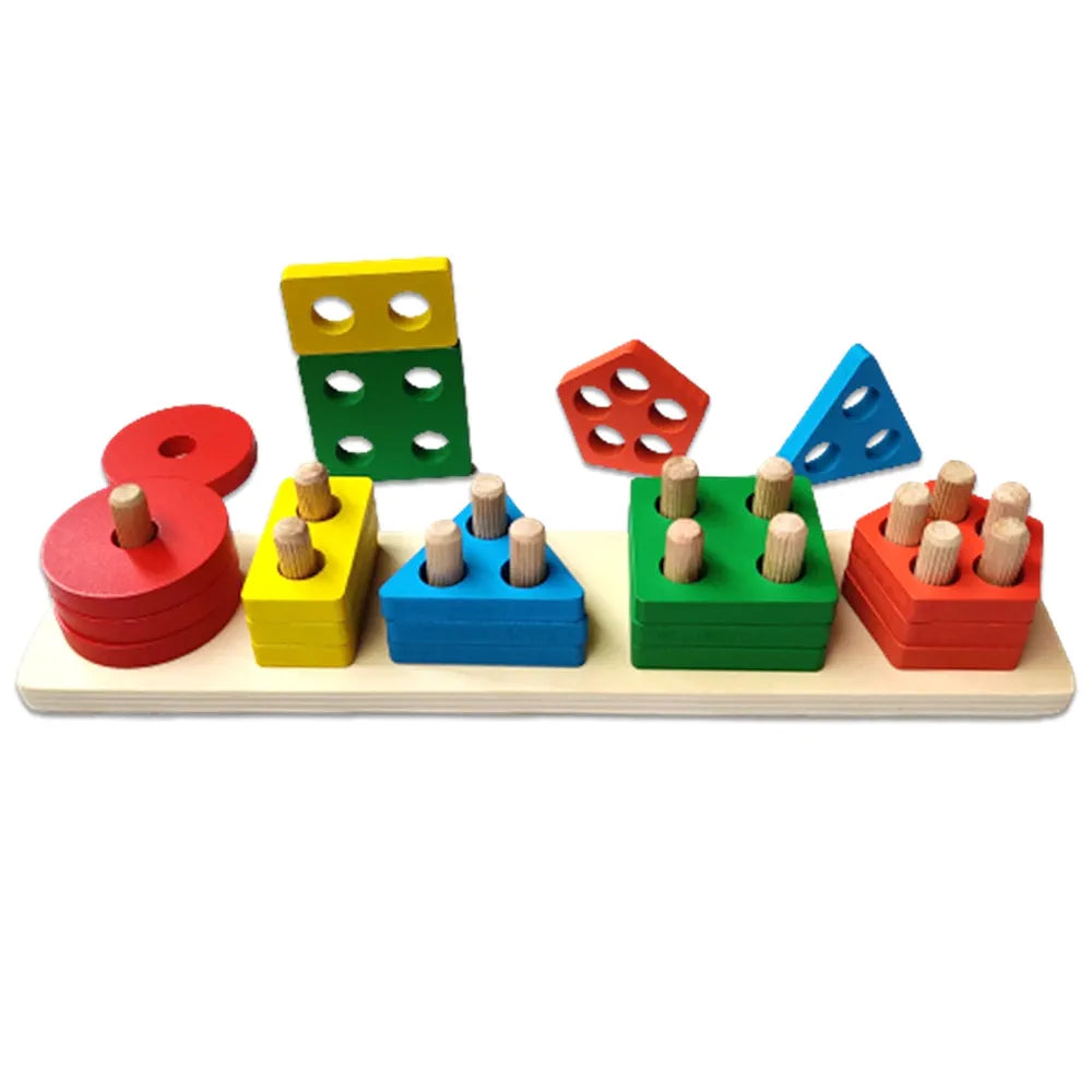 KIDS KINDLY Wooden Geometric Shape Sorter, 5 Column Set -20 Blocks, Stacking Puzzle for Kids, Birthday Gifts for Boys & Girls, Age 2+