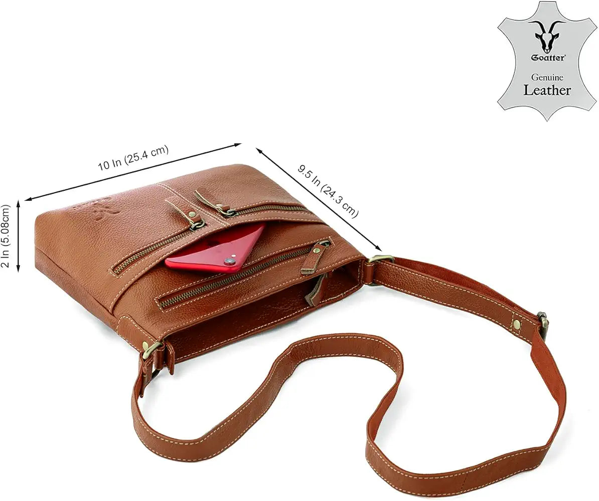 Goatter Genuine Soft Leather Multi Pocket 10" Inch Sling Cross-BodyBag for Girls And Women,