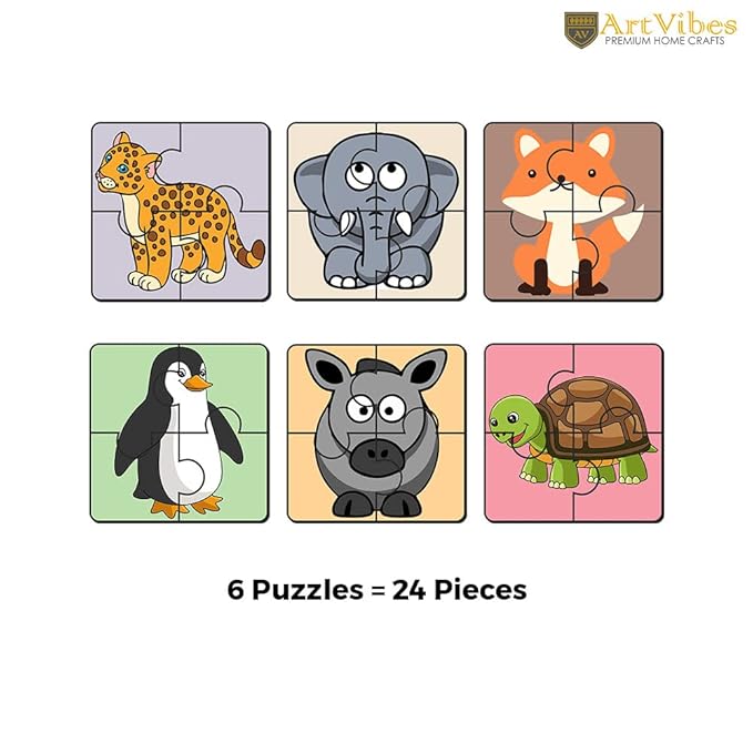 Artvibes Animals Wooden Jigsaw Puzzle Games for Children & Kids Age 2-5 | 4 Pieces Puzzles | Toddler's Wooden Puzzle | Set of 6