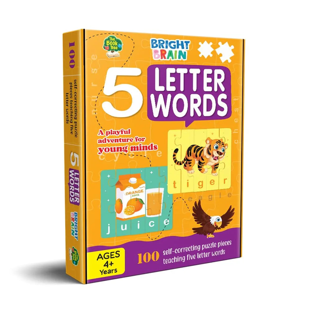 THE BOOK TREE 4+ Years Bright Brain 5 Letter Words Puzzle - Learn To Spell 20 Four Letter Words 100 Pieces- Beautiful Colorful Pictures Age 4+ Gift Box By Majestic Book Club