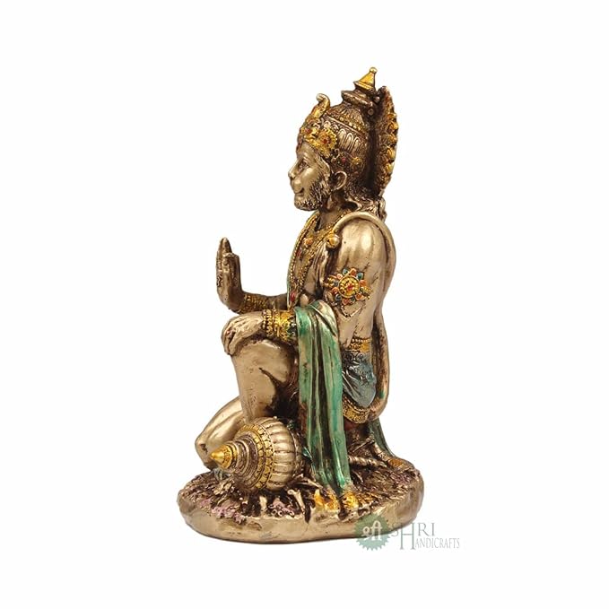 Indicast 7" Inch Hanuman Statue Sitting Metal Finish Idol Decorative Showpiece Handcrafted Hanuman Ji Murti