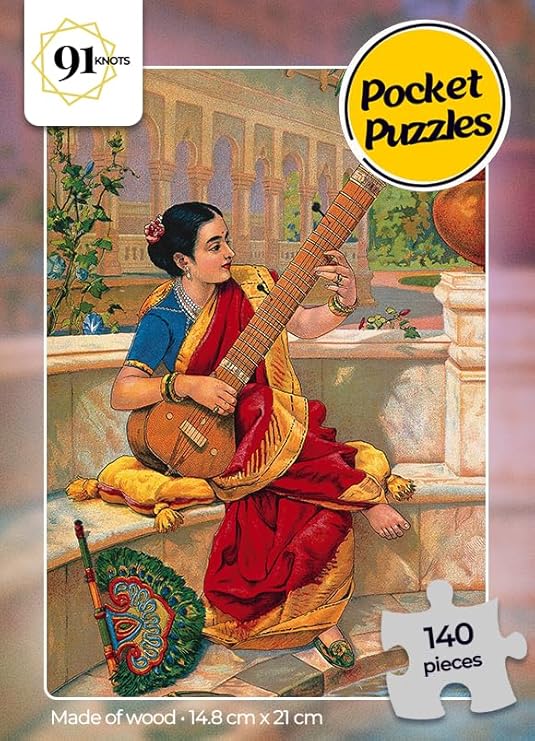 91knots Raja Ravi Varma's - Woman Playing Sitar Wooden Jigsaw Puzzle (140 Pieces) for Adults and Kids Indian Artwork Puzzle