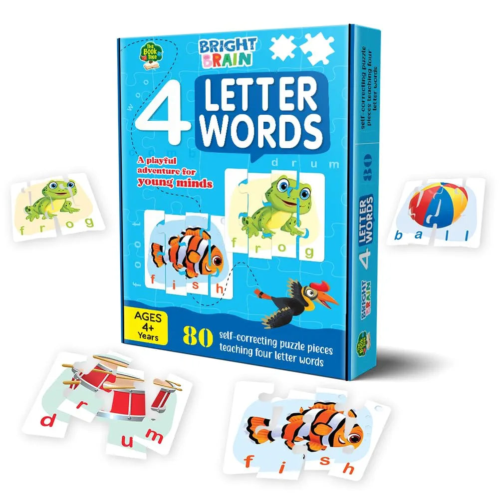 THE BOOK TREE Bright Brain 4 Letter Words Puzzle - Learn To Spell 20 Four Letter Words 80 Pieces- Beautiful Colorful Pictures , Gift Box By Majestic Book Club, For Kid