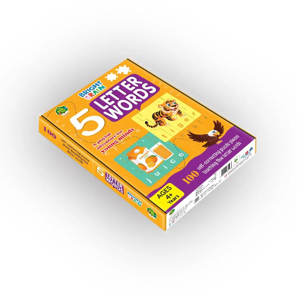 THE BOOK TREE 4+ Years Bright Brain 5 Letter Words Puzzle - Learn To Spell 20 Four Letter Words 100 Pieces- Beautiful Colorful Pictures Age 4+ Gift Box By Majestic Book Club