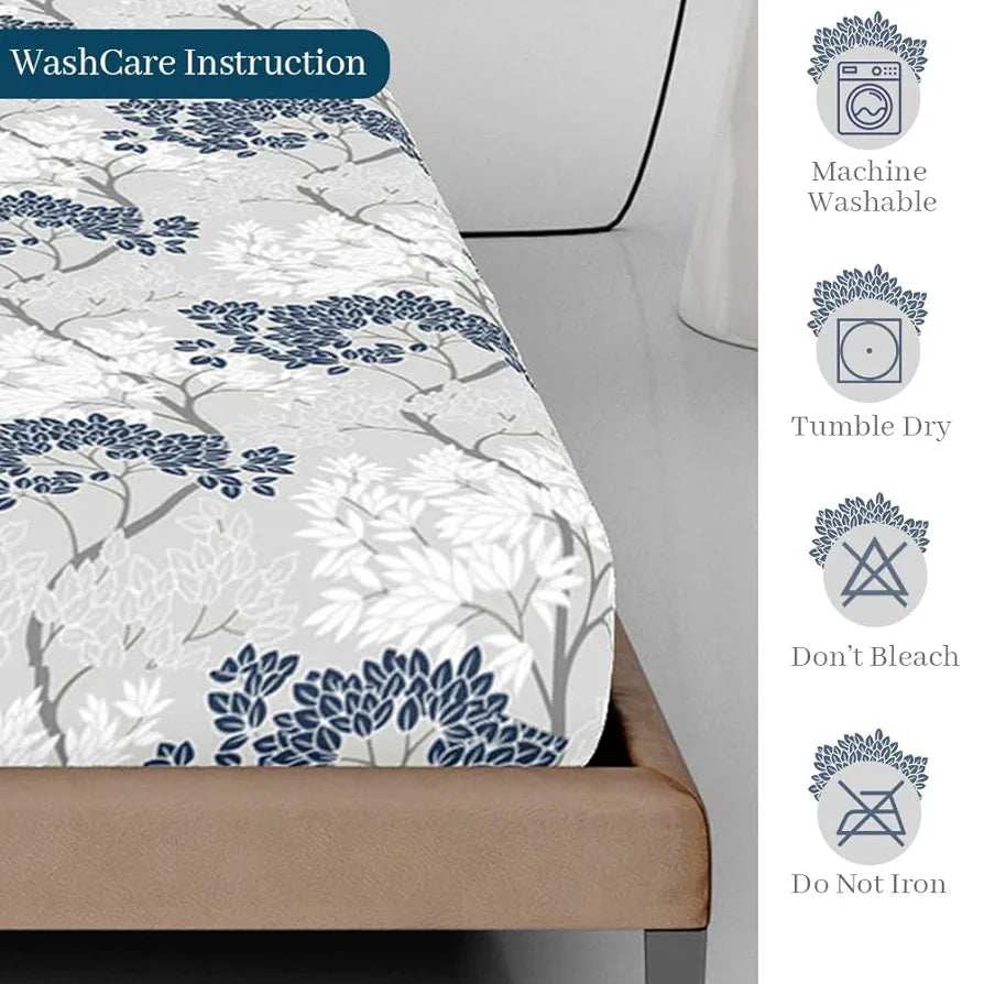 Divine Casa 144 TC Floral Print King Size Fitted Bedsheet 100% Cotton Skin Friendly & Soft Colour Harbor Mist