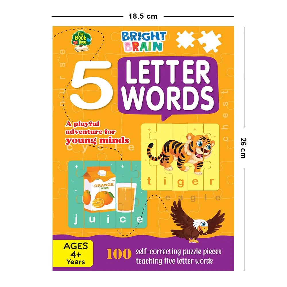 THE BOOK TREE 4+ Years Bright Brain 5 Letter Words Puzzle - Learn To Spell 20 Four Letter Words 100 Pieces- Beautiful Colorful Pictures Age 4+ Gift Box By Majestic Book Club