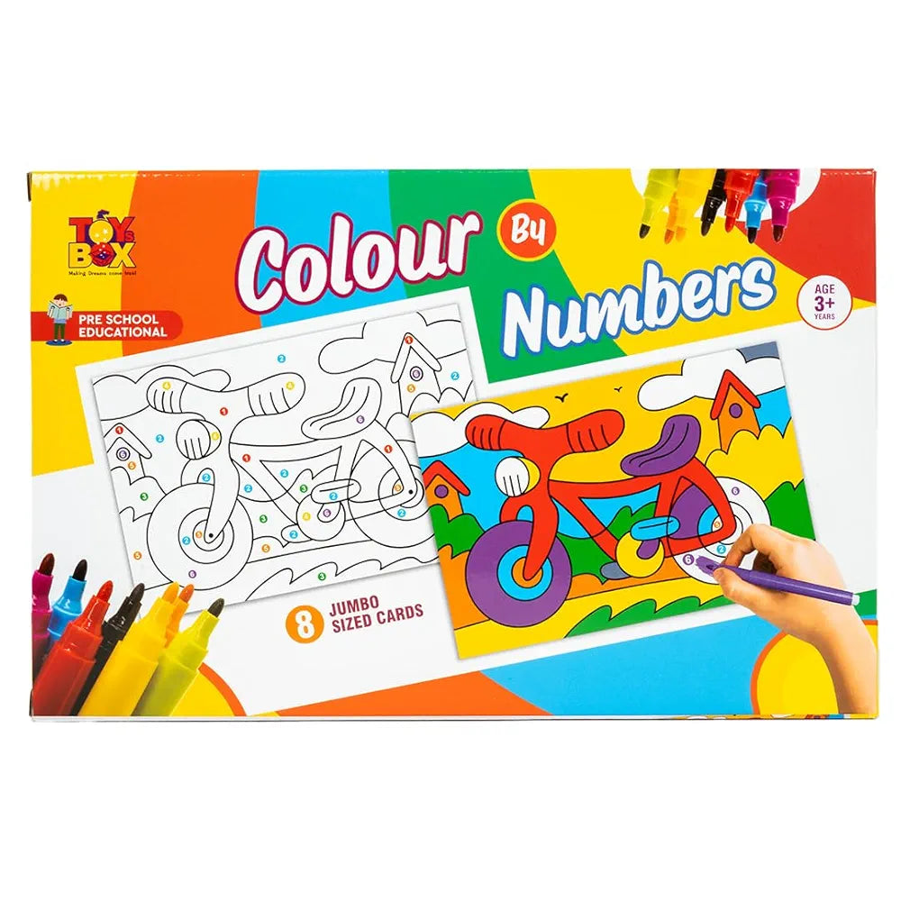 TOYSBOX Colour by Numbers Art Kit, 8 Jumbo Design Printed Cards with 6 Felt Pens, Educational Learning Kit for Kids Ages 3+ Years