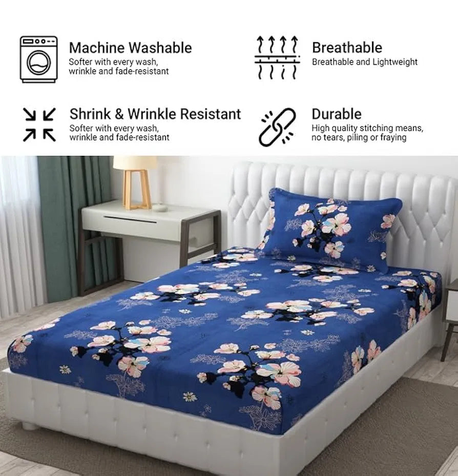 Fresh From Loom Single Size Microfiber Bedsheet Set Rotary Printed Hypoallergenic Wrinkle Free with 1 Pillow Covers Blue 144 TC