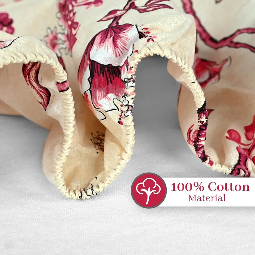 Divine Casa Floret 100% Cotton King Fitted Bedsheet 144 TC Deep Pocket Design Soft & Breathable Fabric Colour Summer Fern