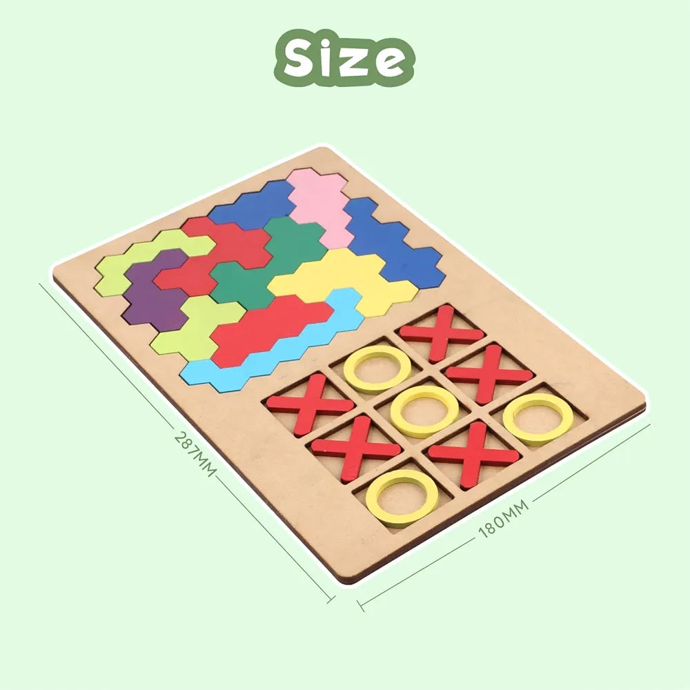 SPARTAN KIDSยฎ 3D Wooden Hexagon Puzzle & Classic Tic Tac Toe Game - Montessori Educational Toy for Kids, Creative Shape Pattern Block, Two-in-One Early Learning Toy