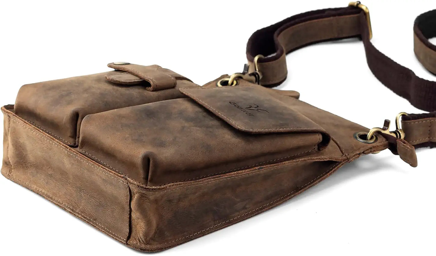 Goatter Men's Hunter Leather 11" Messenger Bag, Coffee
