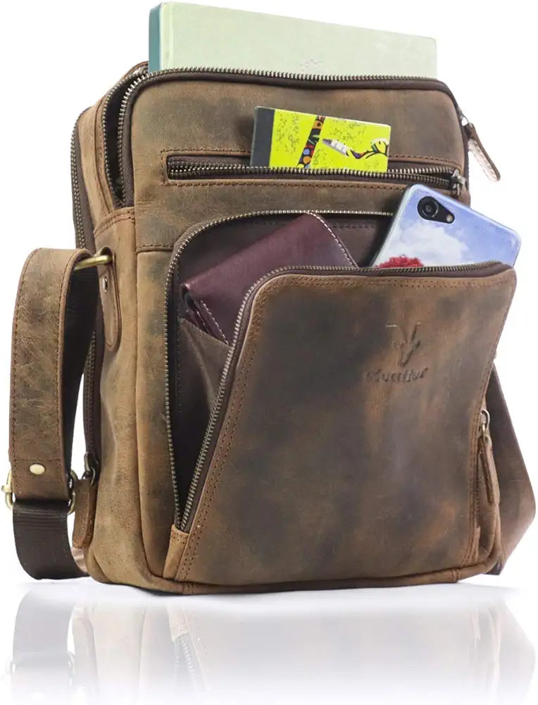 Goatter Men's Genuine Leather 11.5" Inch Messenger Bags, Dark Brown