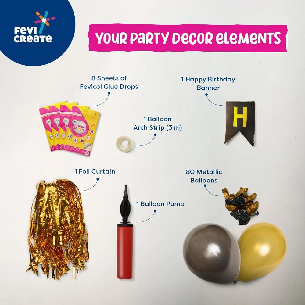 Fevicreate Unforgettable Celebrations with the Fevicreate Birthday Decor Kit - Metallic Balloons, Blowing Pump, Balloon Arch, Birthday Banner, Fevicol Glue Drops - Effortless Elegance!