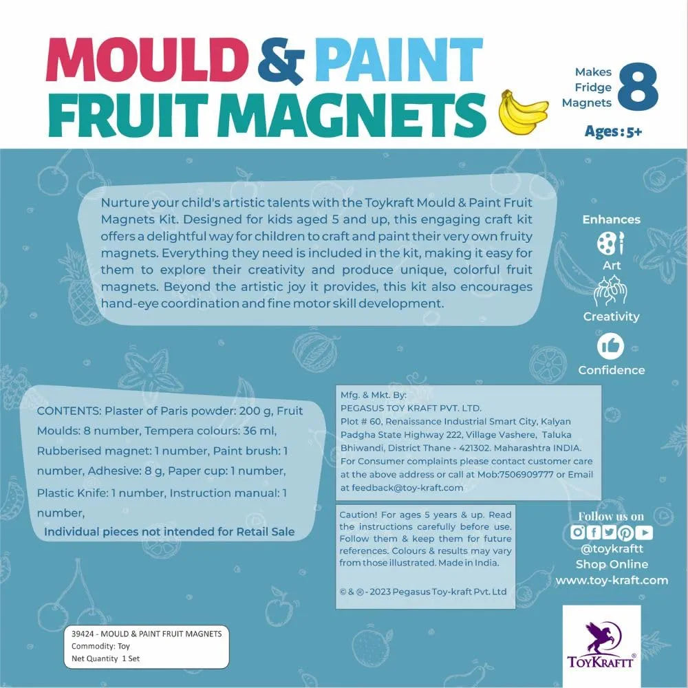 Toykraftt Art and Craft Kit for Kids 5 to 9 Year Olds, Fridge Magnet Making Kit, DIY Toys, Kids Activity for 5 to 9 Years & Above - Mould and Paint Fruit Magnets - Plastic, Multicolor