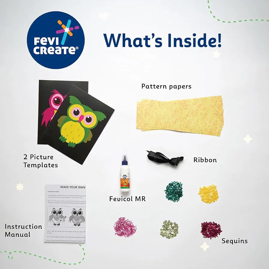 Fevicreate Sequin Art Owl Craft Kit | Sequin Art Fridge Magnets on Owl Templates with Multi-coloured Sequins, Magnets & more | Boost child's creativity | By Fevicol | Return Gift for Kids Age 5+ years
