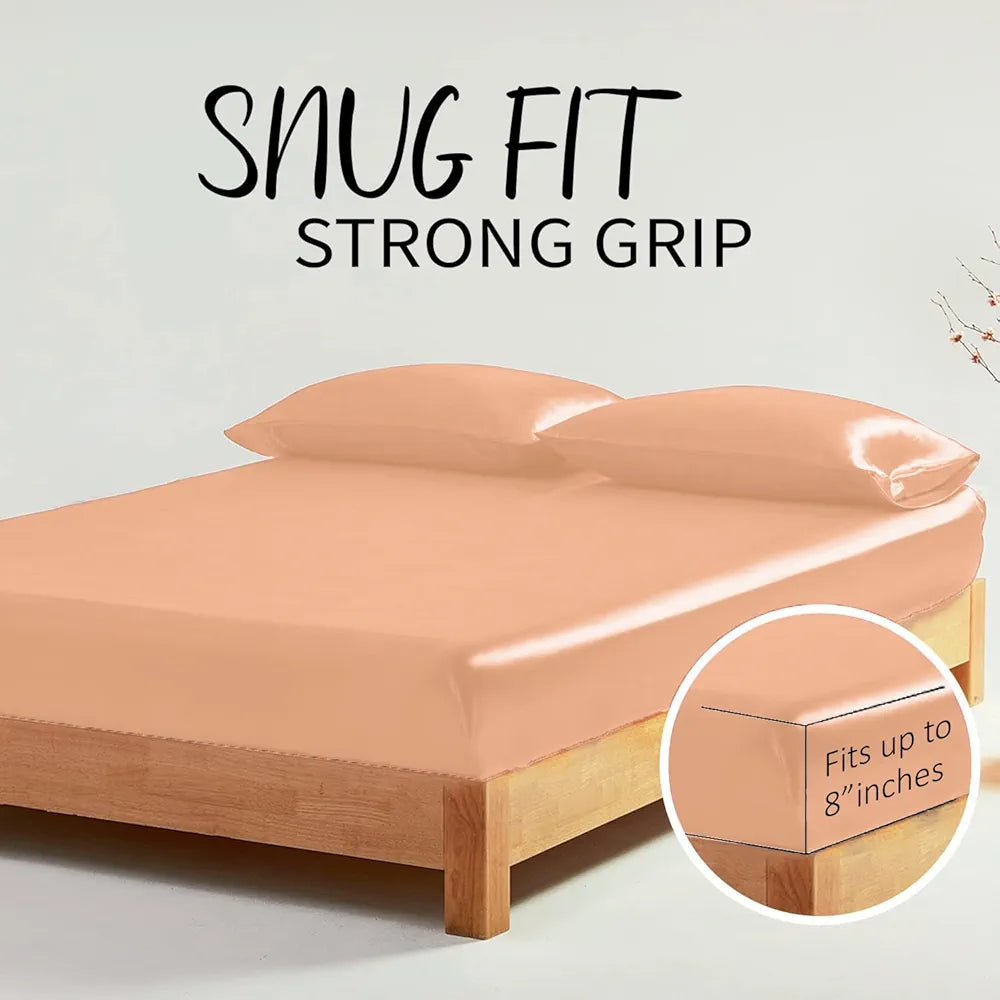 Cloth Fusion Satin Elastic Fitted Bedsheet for Double Bed King Size with 2 Pillow Covers H603 280 TC Peach