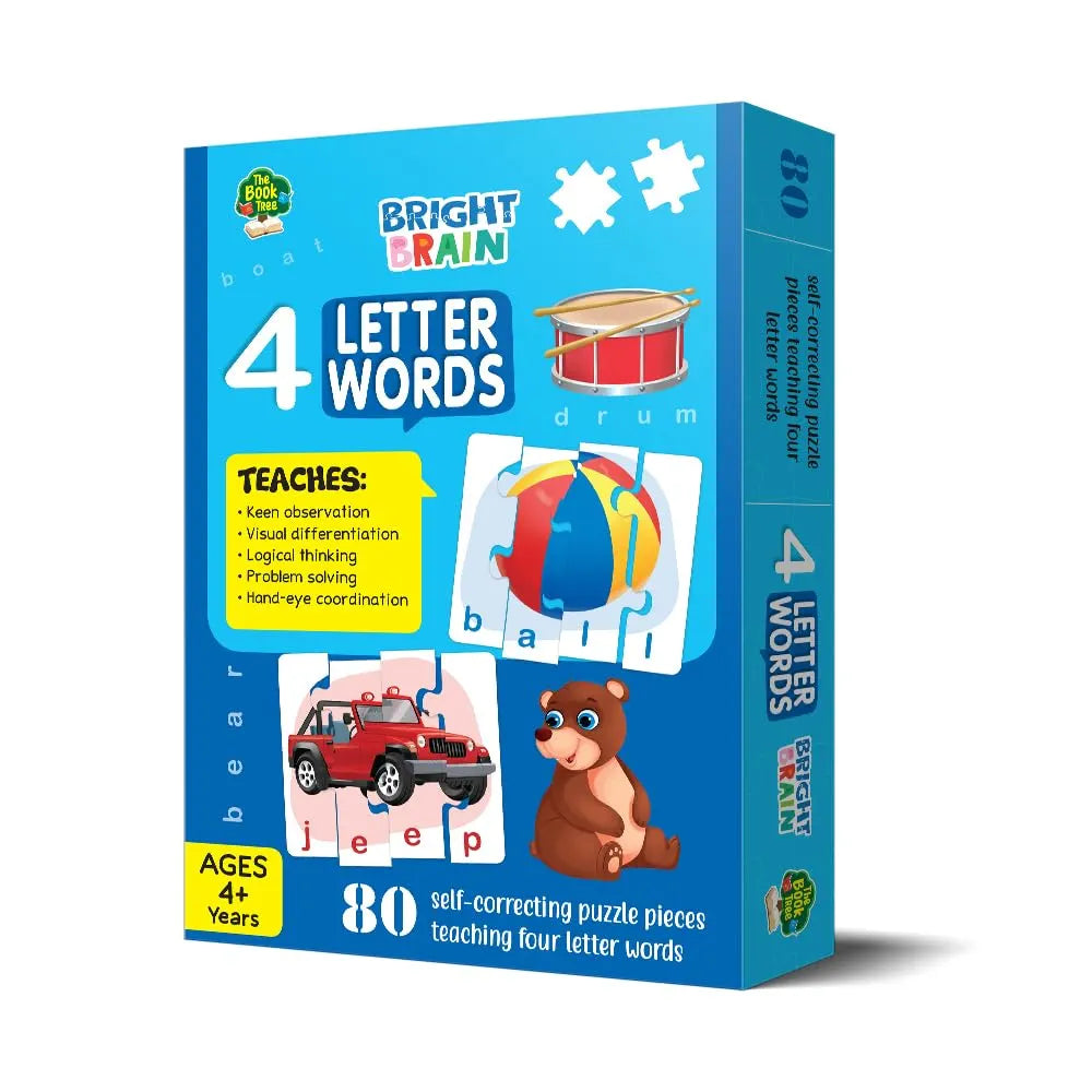 THE BOOK TREE Bright Brain 4 Letter Words Puzzle - Learn To Spell 20 Four Letter Words 80 Pieces- Beautiful Colorful Pictures , Gift Box By Majestic Book Club, For Kid