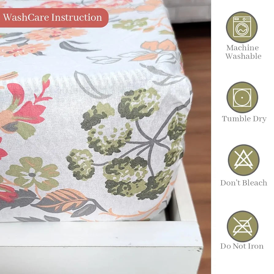 Divine Casa 144 TC 100% Cotton Floral Print Super Soft Fitted Bedsheet for Double Bed Peach Color