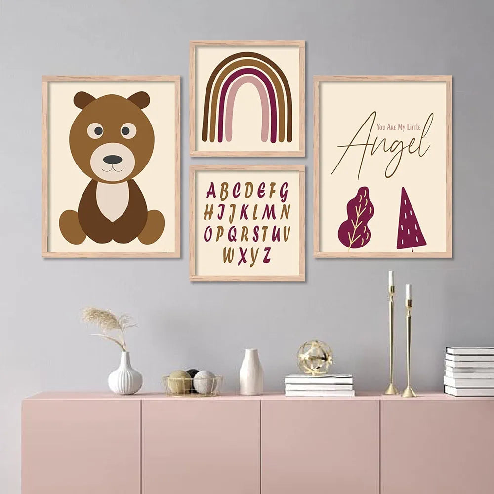 Kotart Modern Art Wall Decor Paintings with Frame for Kids Room - Educational Alphabets Framed Wall Posters/Paintings Set of 4