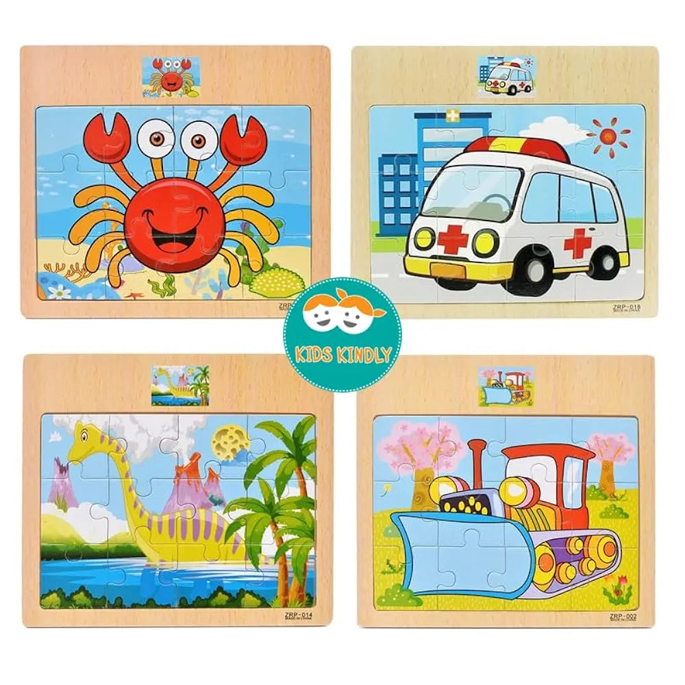KIDS KINDLY Wooden 12 Piece Jigsaw Puzzle for Kids, Animals & Vehicle Theme Game, Promotes Fine Motor Skills, Improve Hand-Eye Coordination, Puzzle Game for Kids - 3 Years+ Random Design