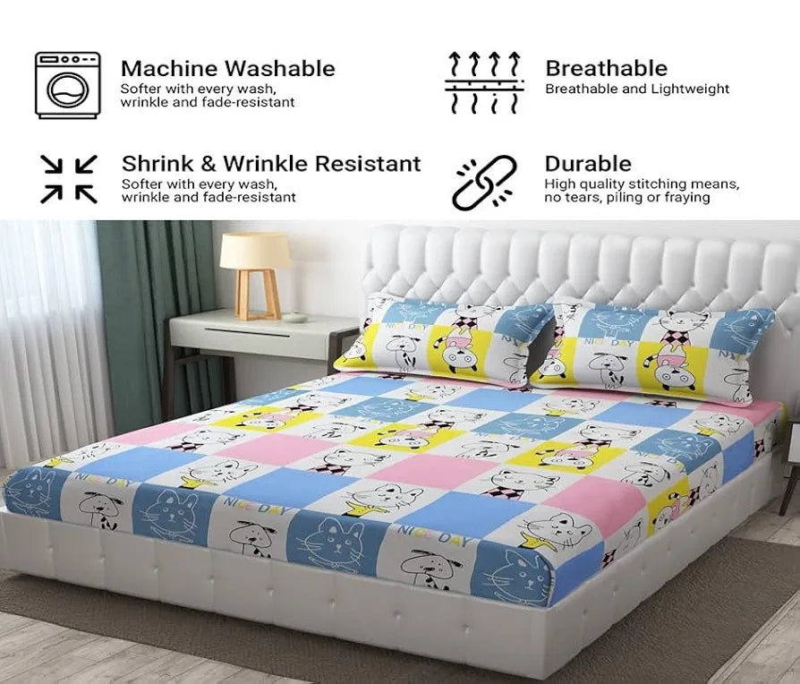 Fresh From Loom Double Bedsheet King Size Rotary Printed Wrinkle Free with 2 Pillow Covers 144 TC Aqua Pink