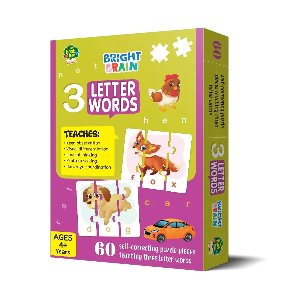 THE BOOK TREE Bright Brain 3 Letter Words Puzzle - Learn To Spell 20 Three Letter Words 60 Pieces- Beautiful Colorful Pictures Age 4+ Gift Box By Majestic Book Club, For Kid