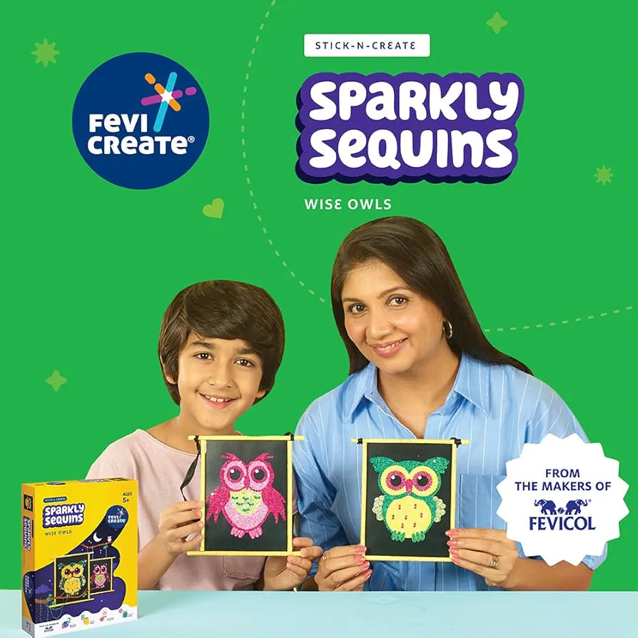 Fevicreate Sequin Art Owl Craft Kit | Sequin Art Fridge Magnets on Owl Templates with Multi-coloured Sequins, Magnets & more | Boost child's creativity | By Fevicol | Return Gift for Kids Age 5+ years