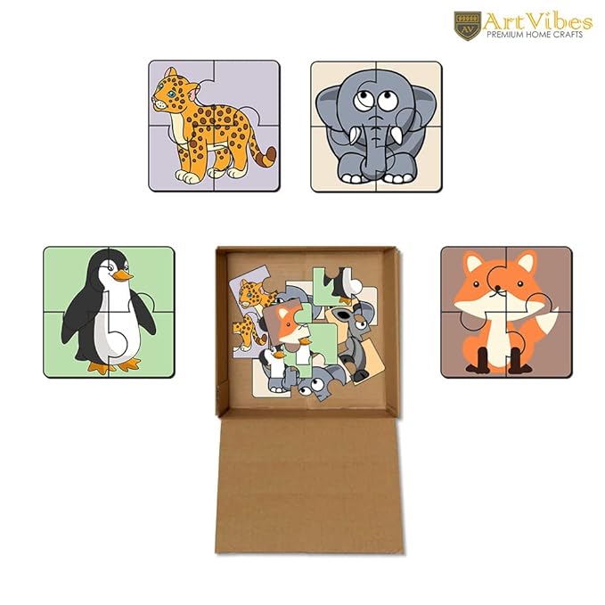 Artvibes Animals Wooden Jigsaw Puzzle Games for Children & Kids Age 2-5 | 4 Pieces Puzzles | Toddler's Wooden Puzzle | Set of 6