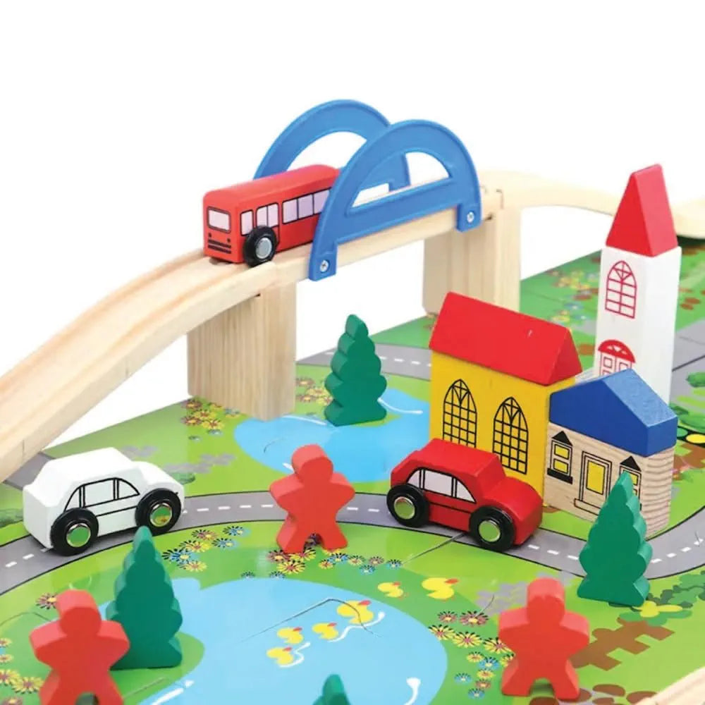 KIDS KINDLY Wooden Railway Overbridge Vehicles Set Toy for Kids | Wooden Cars | Rail Overpass | Traffic Signals, Signboards & Buildings | Monteszori Jigsaw Puzzle Boys & Girls | 3+ Years