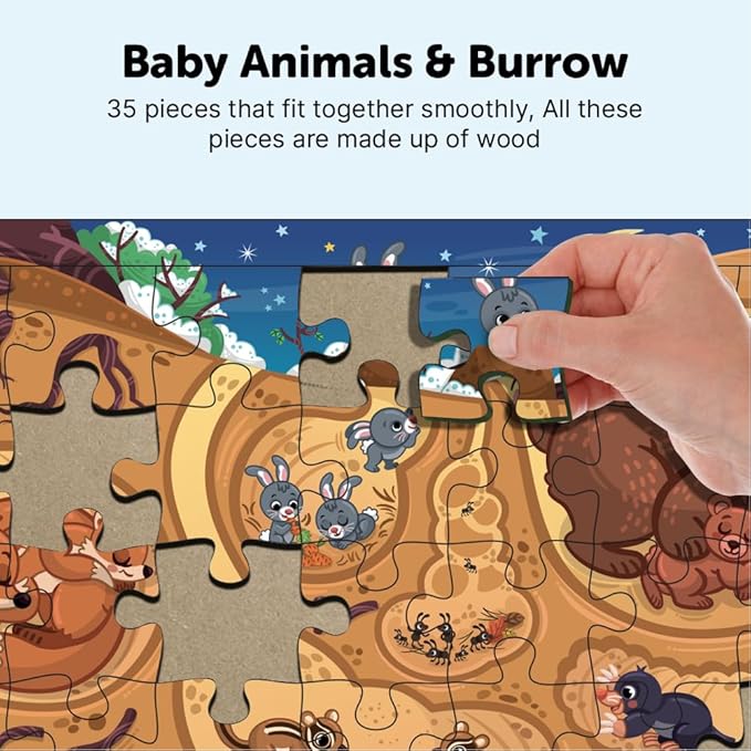 Mini Leaves 35 Piece Jigsaw Puzzle for Kids 3+ Years | Baby Animals & Burrow Jigsaw Puzzle | Wooden Puzzles for Kids | Educational Toys