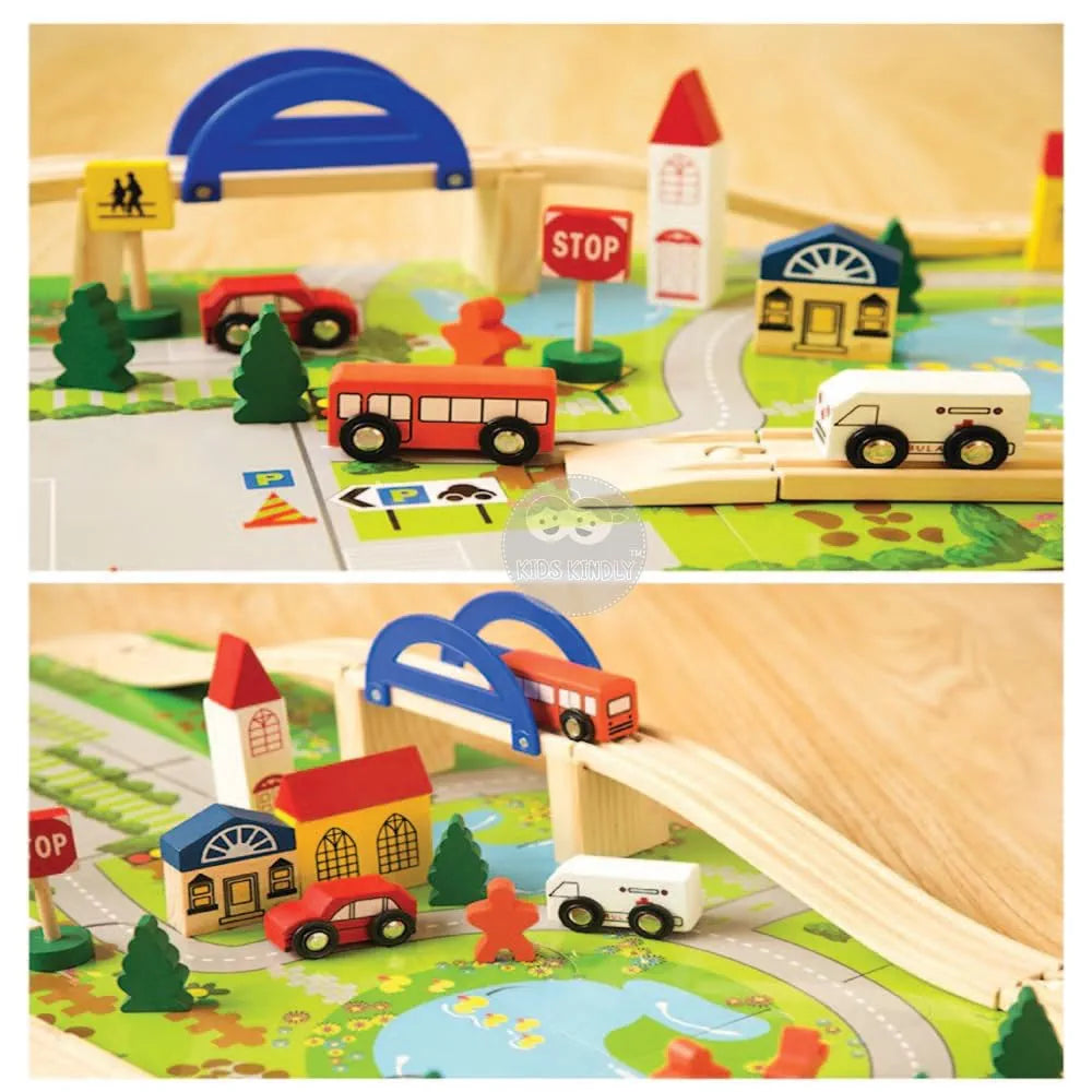 KIDS KINDLY Wooden Railway Overbridge Vehicles Set Toy for Kids | Wooden Cars | Rail Overpass | Traffic Signals, Signboards & Buildings | Monteszori Jigsaw Puzzle Boys & Girls | 3+ Years