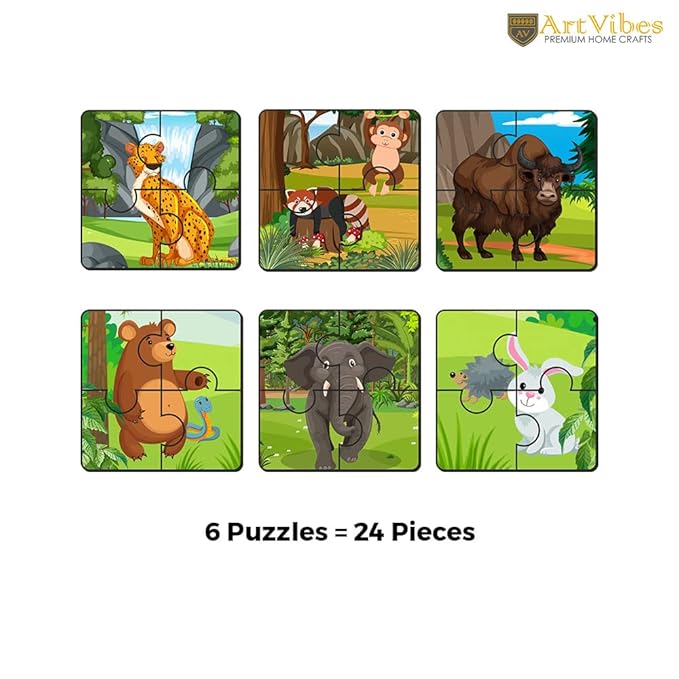 Artvibes Animals Wooden Jigsaw Puzzle Games for Children & Kids Age 2-5 | 4 Pieces Puzzles | Toddler's Wooden Puzzle | Set of 6
