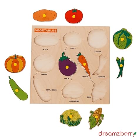 Dreamzberry Wooden Puzzles for Kids Colorful Vegetable Shape Kids Puzzle with Wooden Knob Educational Learning