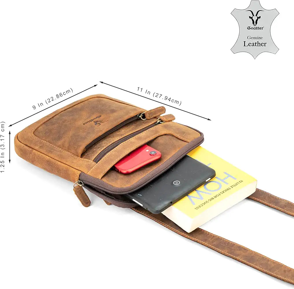 Goatter Genuine Leather Slim Design Multi Pocket 11" Inch Messenger Sling Bag For Men,
