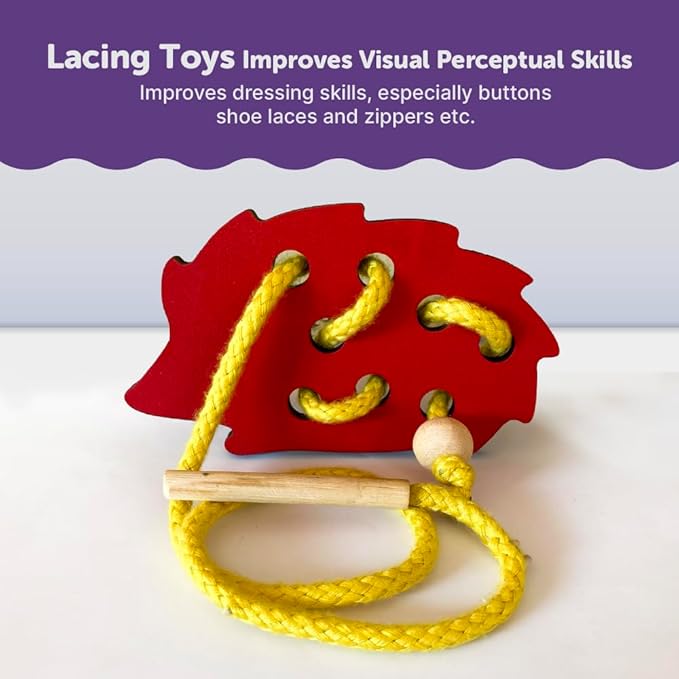 Mini Leaves Lacing Activity for Kids | Wooden Lacing Toys for Toddlers | Preschooler Educational fine Motor Skill Toys | Hedgehog