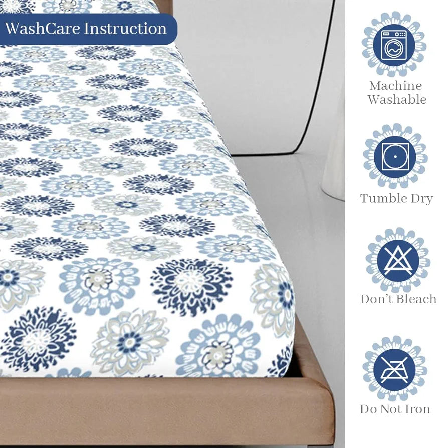Divine Casa 144 TC Floral Grey 100% Cotton Elastic Fitted Bedsheets King Size with 2 Pillow Covers Colour Dutch Blue
