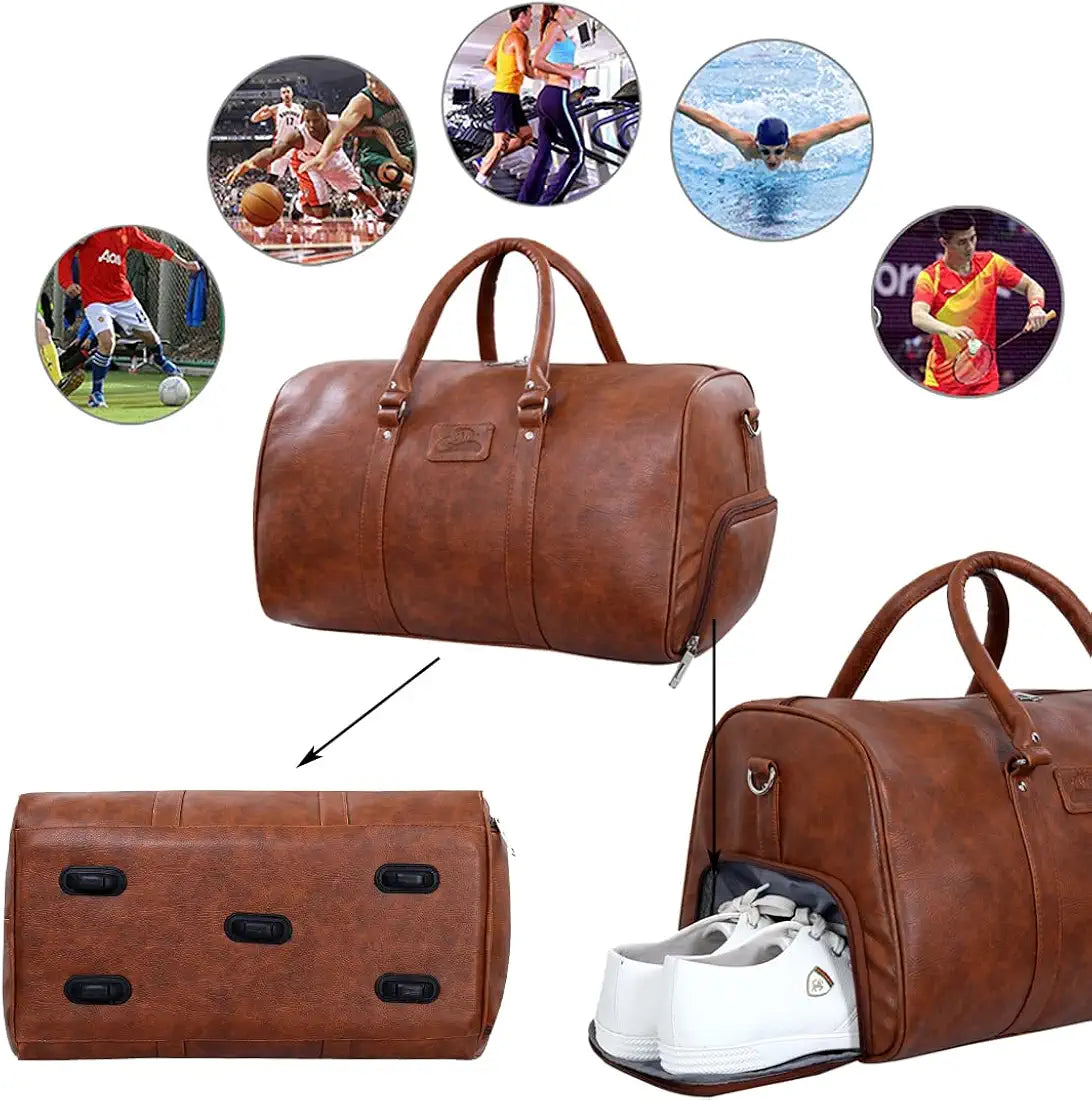 Leather World Duffle Bag for Travel with Shoe Pocket for Men and Women Made of Textured Leatherette with Attachable Shoulder Strap Cabin Bag