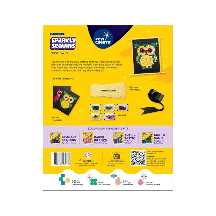 Fevicreate Sequin Art Owl Craft Kit | Sequin Art Fridge Magnets on Owl Templates with Multi-coloured Sequins, Magnets & more | Boost child's creativity | By Fevicol | Return Gift for Kids Age 5+ years