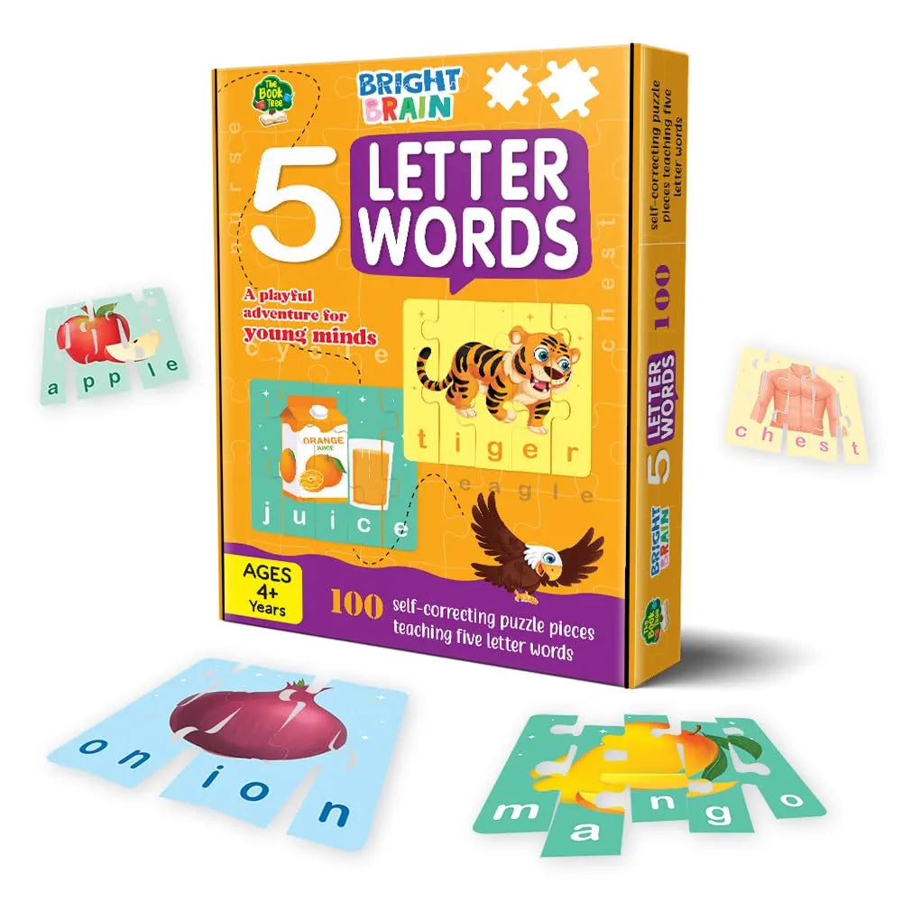 THE BOOK TREE 4+ Years Bright Brain 5 Letter Words Puzzle - Learn To Spell 20 Four Letter Words 100 Pieces- Beautiful Colorful Pictures Age 4+ Gift Box By Majestic Book Club