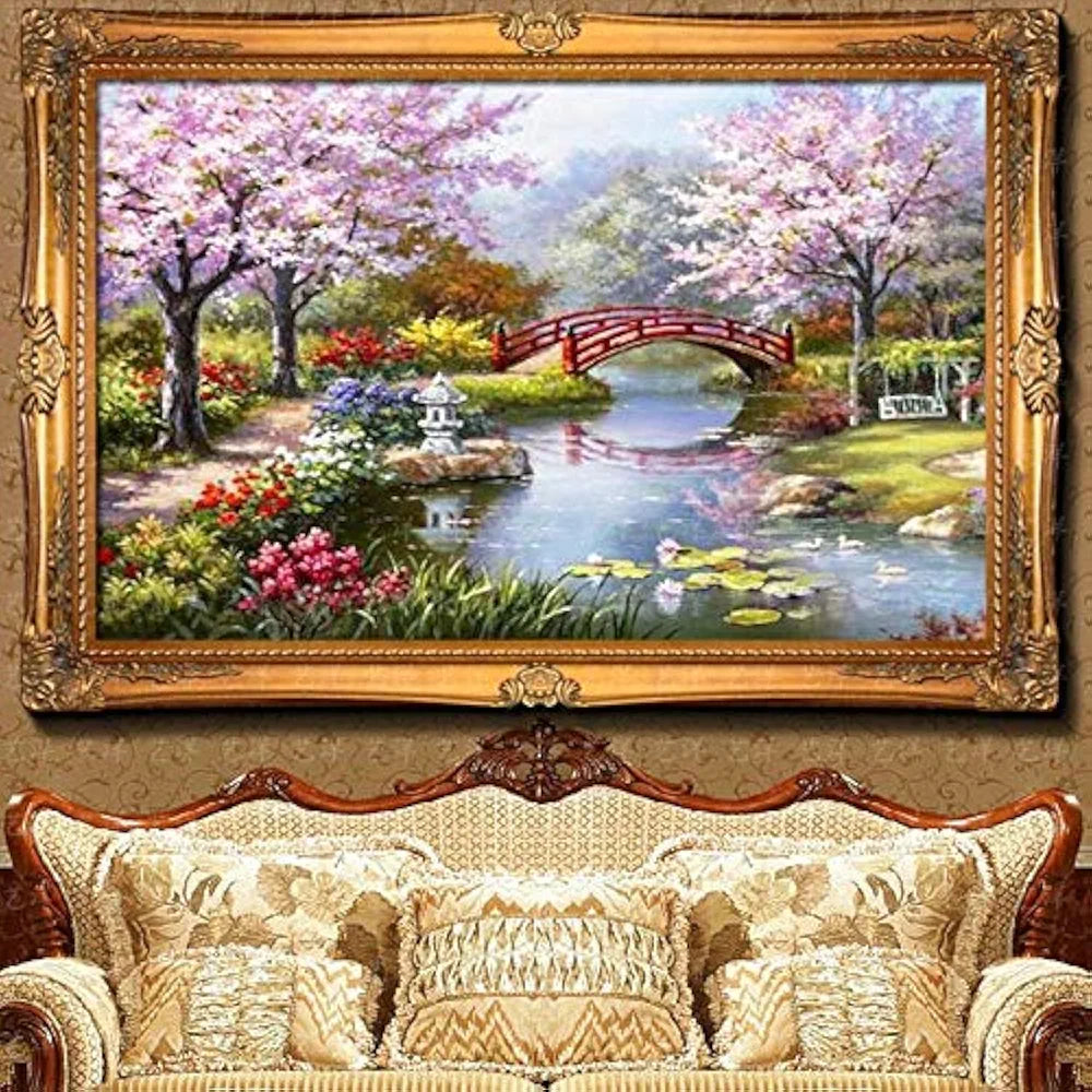 HASTHIP DIY 5D Diamond Painting by Number Kits Full Drill Rhinestone Embroidery Cross Stitch Pictures Arts Craft for Home Wall Decor,Peach Blossom Bridge-11.8x15.8In