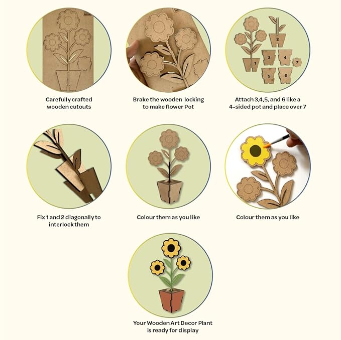 Mini Leaves Creative Me Diy 3d Wooden Flower Pots Art and Craft Paint Kit for 4+ Kids | Decoration Craft Kit for Kids | Set of 2