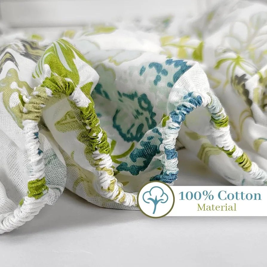 Divine Casa 144 TC 100% Cotton Floral Print Green Super Soft Fitted Bedsheets for Double Bed
