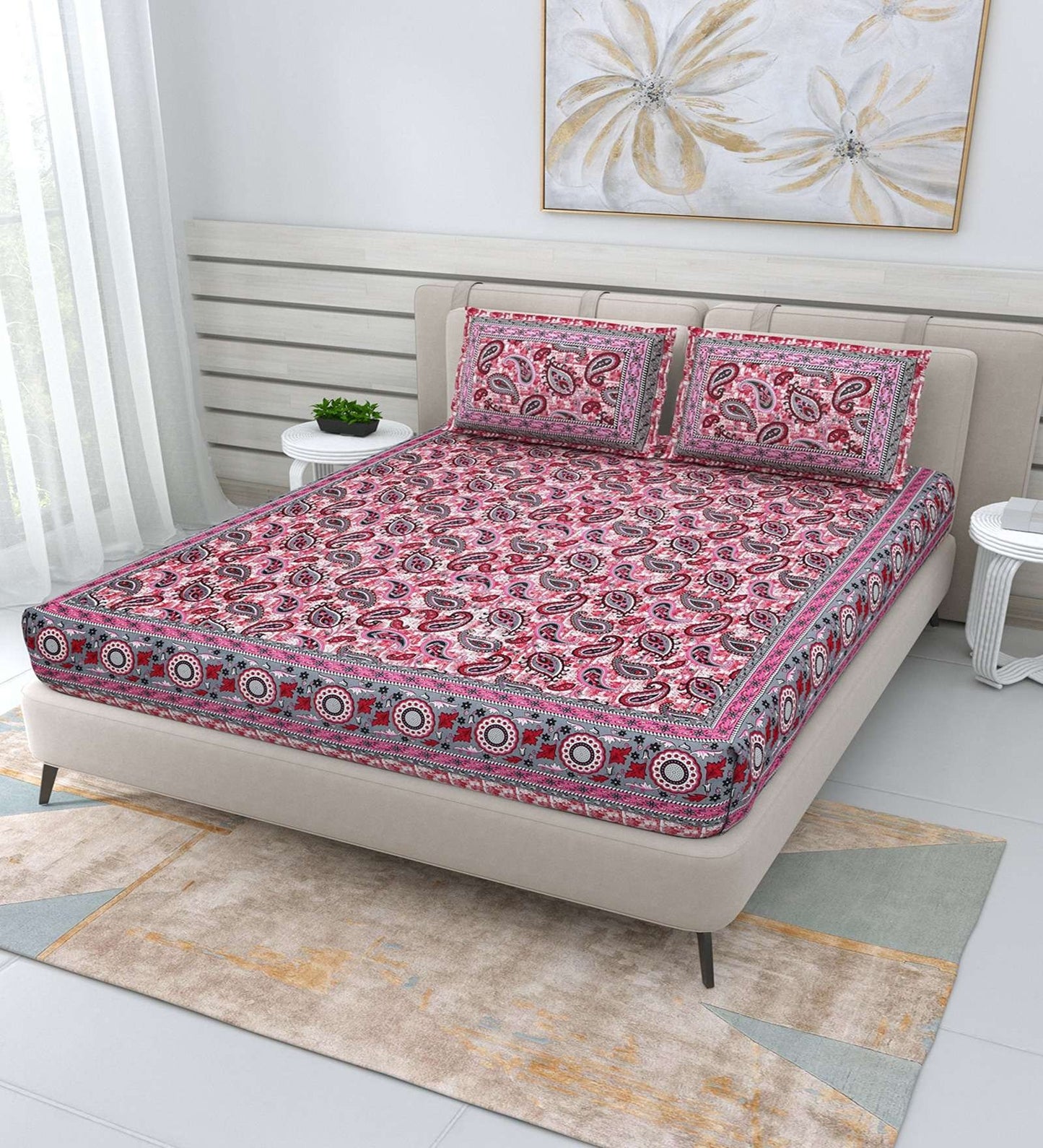 100% Pure Cotton Traditional Printed Bedsheet for Double Bed King Size Bedsheet with 2 Pillow Covers